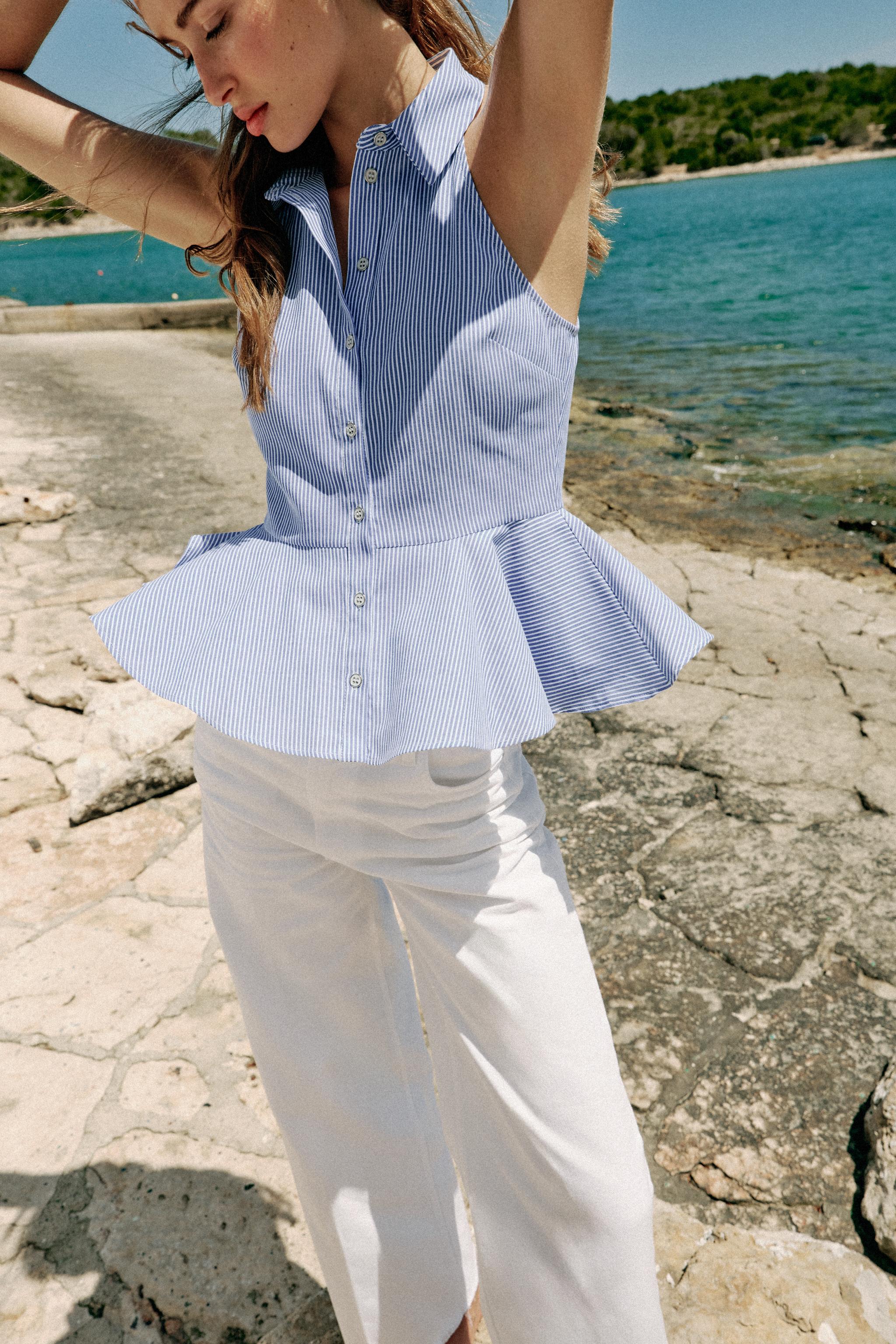 STRIPED PEPLUM HALTER SHIRT